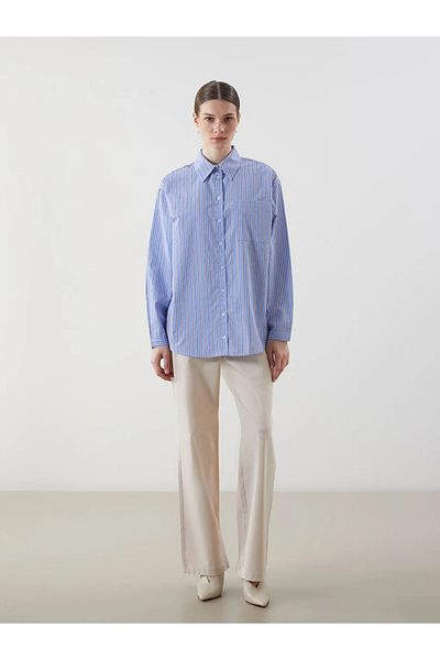 LC Waikiki LCW Tunica cămașă pentru femei, cu dungi albastre, oversize, din poplin