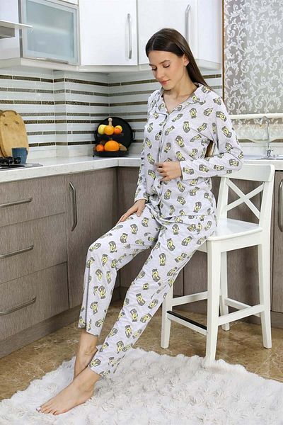 modaserdem Mdsrdm Women's Long Sleeve Combed Cotton Buttoned Pajama Suit-Grey-100% Cotton