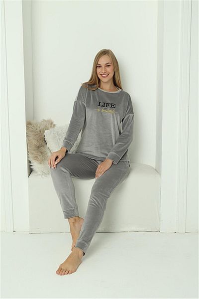 modaserdem Costum de pijama lung din catifea pentru femei Mdsrdm-gri