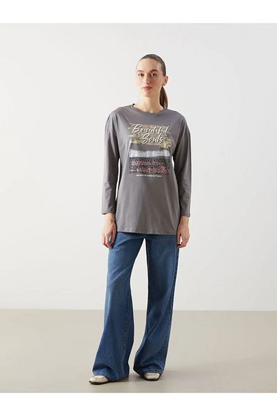 LC Waikiki Lcw Eco Gray Crew Neck Printed Women's Tunic