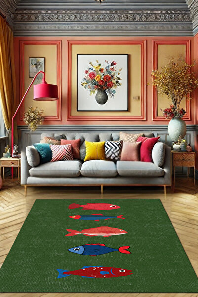 The Reef Design Renkli Balıklı Modern Desenli Dokuma Tabanlı Dijital Kaymaz S...