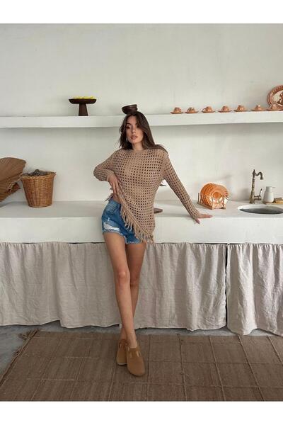 Bracha Crew Neck Long Sleeve Openwork Pattern Tassel Detailed 100% Cotton Tunic