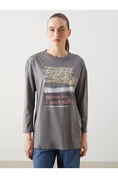 LC Waikiki Lcw Eco Gray Crew Neck Printed Women's Tunic
