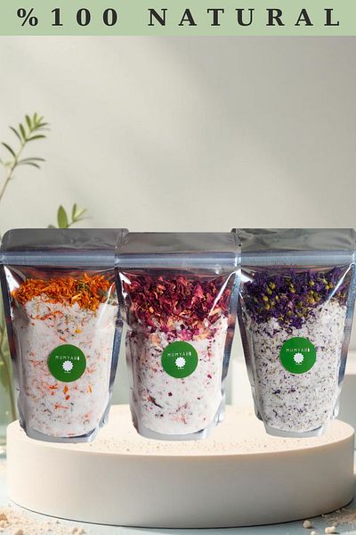 MUMYABİ Natural Ingredient 3-Pack Rose-Lavender-Violet-Ylang Oil Bath Rock Salt - Manicure/Pediküre Peeling 3X300 Gr