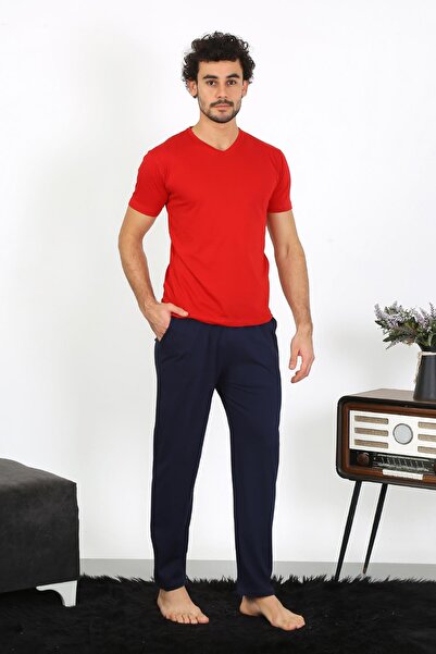 modaserdem Mdsrdm Men's Short Sleeve Combed Cotton 3-Piece Pajama Set-Red-100% Cotton