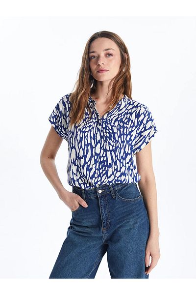 LC Waikiki Γυναικεία μπλούζα LCWAIKIKI Classic Navy Blue με μοτίβο με γιακά