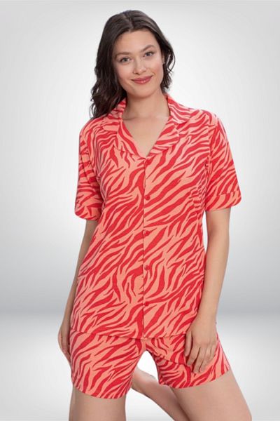 Alissa Alissa Women Red Patterned Buttoned Short Sleeve Shorts Pajamas Set