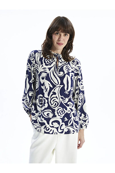LC Waikiki Lcwaikiki Classic Blue Lace-Up Collar Patterned Women's Blouse