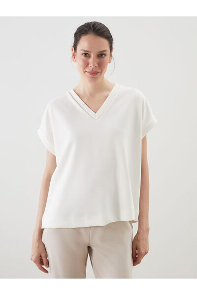 LC Waikiki Ecru V-Neck Oversize Women's T-Shirt