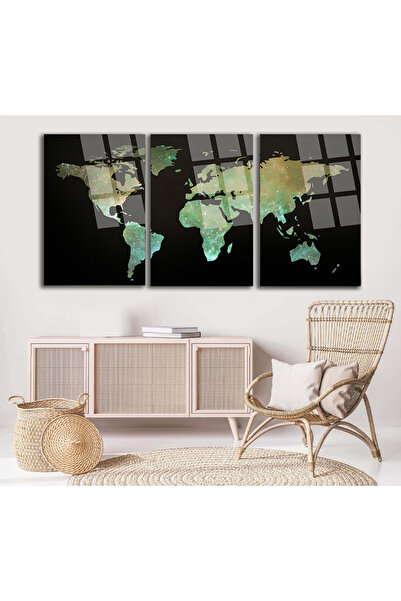TAULART 3 PARÇA DÜNYA HARİTASI SET TABLO KIRILMAZ CAM TABLO EV HEDİYESİ İŞ YE...