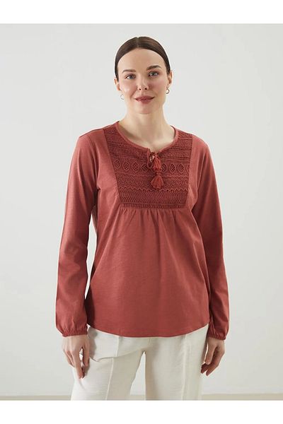 LC Waikiki Lcw Grace Red Lace-Up Collar Embroidered Women's Blouse