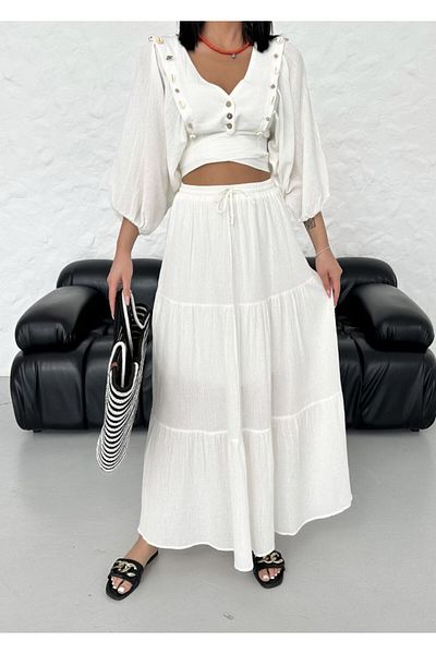 FASHION COCKTAIL Midyeli V-Neck Tie-Up Crop Knee-Length Skirt Blouse Sahil 2 Piece Set