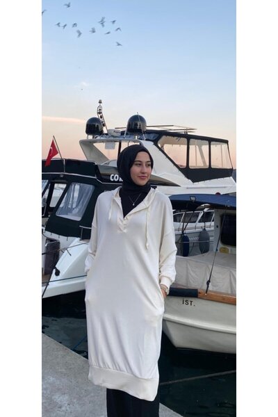 modaserdem Women's Long Sleeve Hooded Open Collar Modal Dress