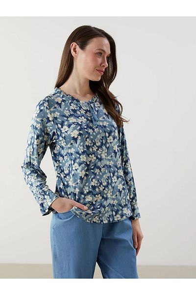 LC Waikiki Γυναικεία φλοράλ μπλούζα LCW Grace Blue με δεμένο γιακά