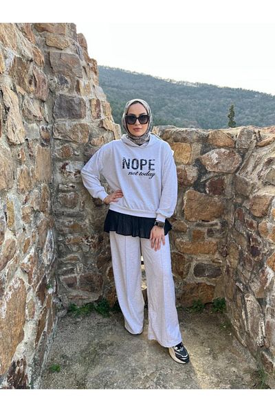 modaserdem Women's Long Sleeve Nope Printed Ribbed Waist Double Suit