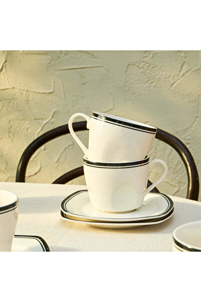Karaca Set de 12 cești de ceai cu farfurie Black Line din porțelan negru pentru 6 persoane, 220 ml, alb negru