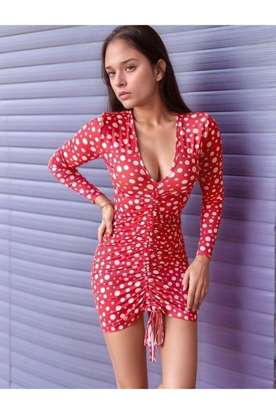Cbm Women's V Neck Front Elevator Drawstring Detail Deal Product Polka Dot Mini Dress