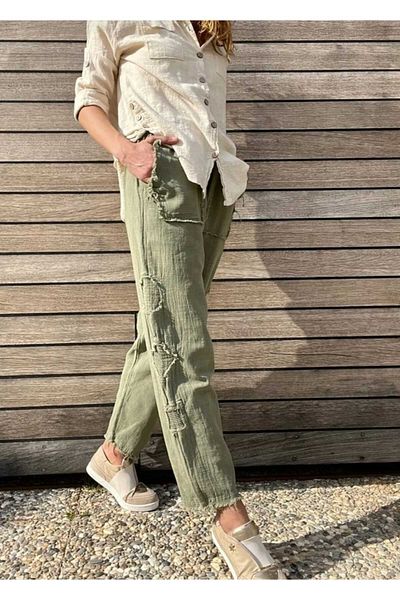 pier moda Stitching Details Dirty Sewing Linen Trousers -Comfortable - 100% Cotton Linen Woven Khaki Color