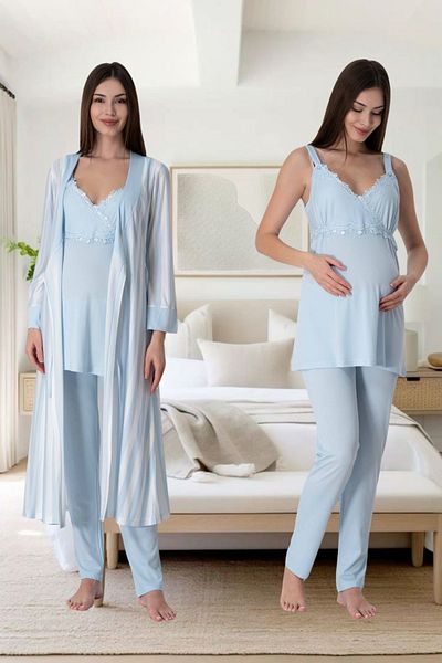 Effortt Maternity Pregnant 3-Piece Pajama Set with Breastfeeding Feature – Stylish and Comfortable