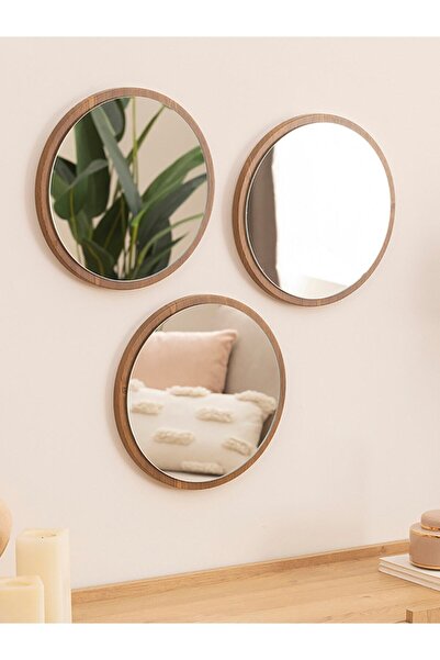DFN WOOD Kahverengi Mdf 3 Lü 35 Cm Yuvarlak Duvar Salon Banyo Aynası