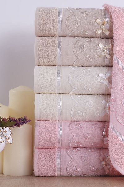 Familia Home Set of 6 100% Cotton Laced Curl - Bow Hand and Face Towels 50X90Cm