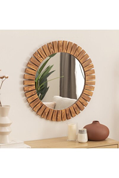 DFN WOOD Masif Ahşap Yuvarlak 60 Cm Dekoratif Duvar Salon Banyo Aynası
