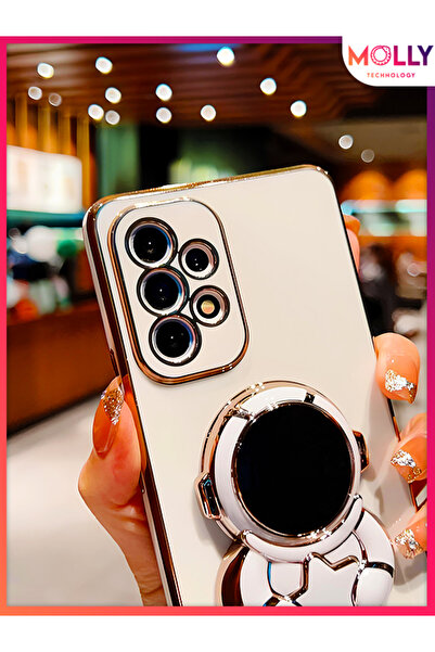 Molly Samsung Galaxy A32 İçin Petrol Mavisi Sevimli Astronot Standlı Gold Detaylı Lüks Silikon Kılıf