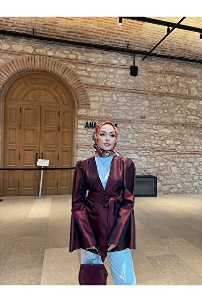 cies boutique kol detaylı beli bağlamalı tafta ceket