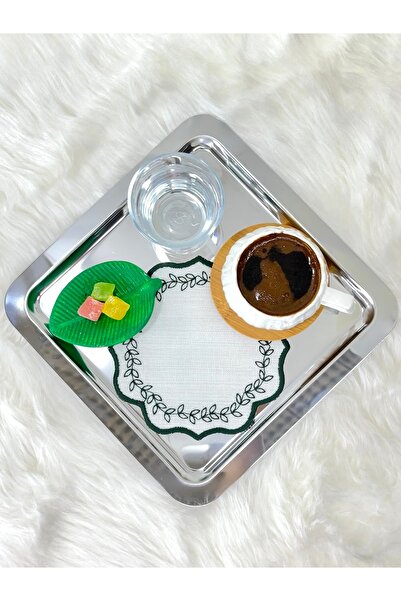 Mora Tekstil Leaf Embroidered Coffee Coaster, Presentation Napkin, Coffee Side Napkin, 6-Piece Cocktail Napkin, Coaster