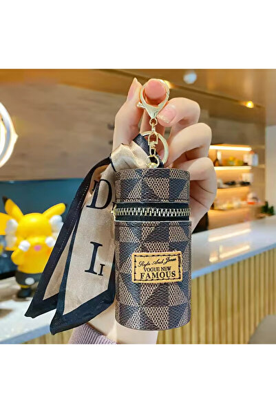 Fivy Kahve Suni Deri, Ekose Desenli, Eşarp Detaylı Ruj Kutusu Şeklinde Mini Cüzdan, Anahtarlık, Charm