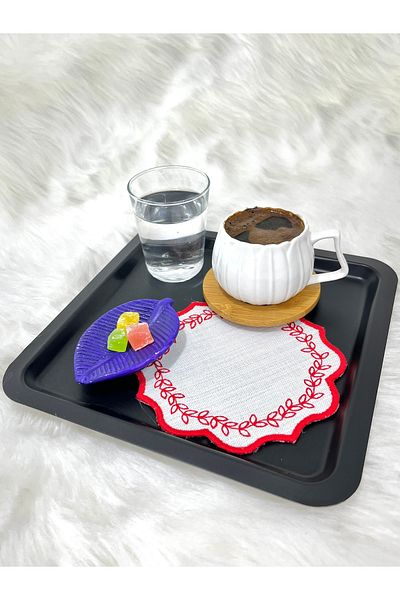 Mora Tekstil Leaf Embroidered Coffee Coaster, Presentation Napkin, Coffee Side Napkin, 6-Piece Cocktail Napkin, Coaster