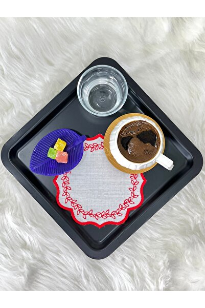 Mora Tekstil Leaf Embroidered Coffee Coaster, Presentation Napkin, Coffee Side Napkin, 6-Piece Cocktail Napkin, Coaster