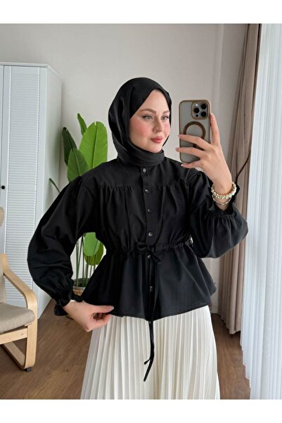 Miraydın Butik Cămașă de damă cu talie înaltă și șnur în talie M24140 - Negru