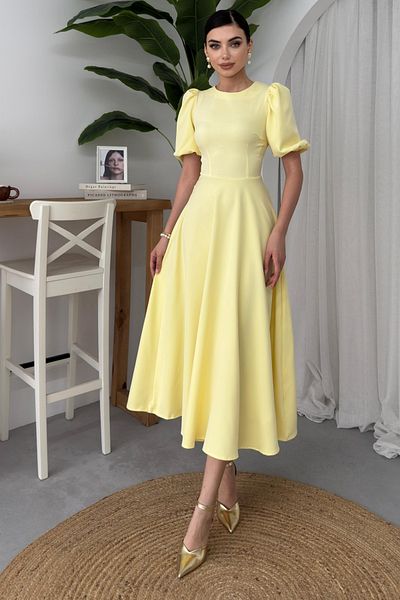 lovebox Women's Atlas Fabric Round Neck Princess Sleeve Flared Cut Midi Length Yellow Evening Dress 220