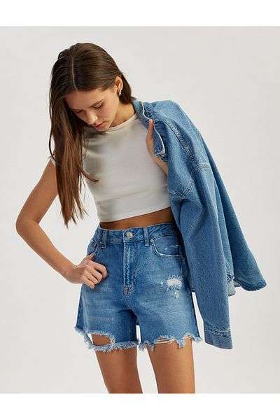 Koton Pantaloni scurți din denim cu nasturi cu ciucuri