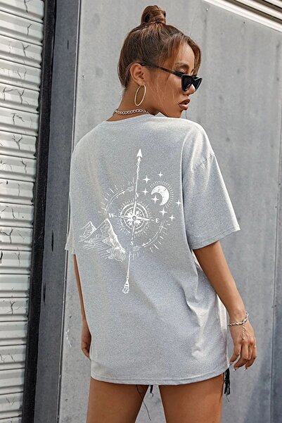 MEİLİFENG Tricou Compass - Gri, Imprimat, Decolteu, Oversize, Maneca scurta, ...