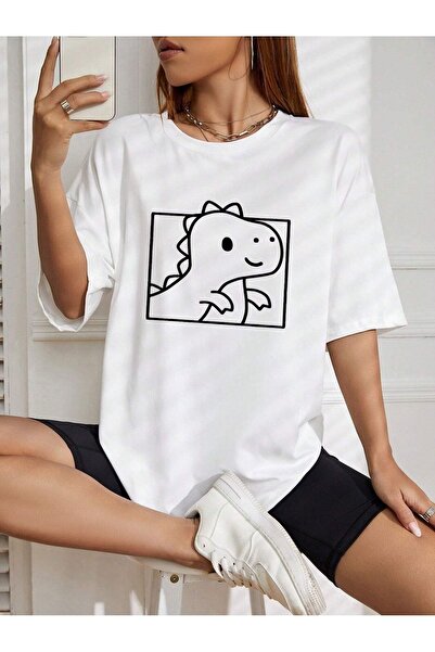 Mythologie Cute Dinosaur T-Shirt - White Printed Crew Neck Short Sleeve Loose