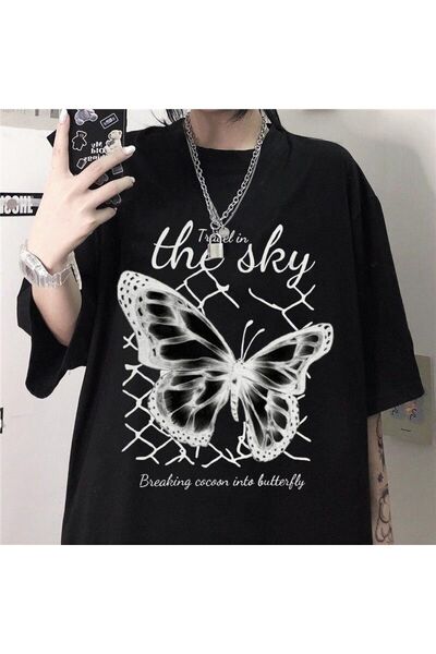 Mythologie Μπλουζάκι The Sky Butterfly - Μαύρο με στάμπα, Oversize, με λαιμόκ...