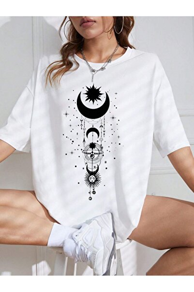 Mythologie Sun Moon Symbol T-Shirt - White Printed Oversize Crew Neck Short S...