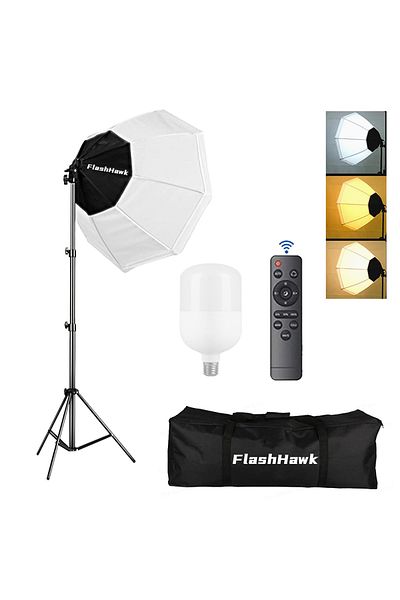 FlashHawk Photography Softbox Lighting Kit with 200W 3 Colors LED Bulb, Umbrellas Softbox and Carry Bag