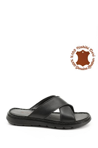 GÖNDERİ(R) Men's Black Cross-Strapped Genuine Leather Slippers