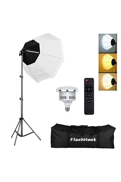 FlashHawk Softbox Photography Lighting Kit with 380W 3 Colors Remote LED Bulbs,SoftBoxes and Carry Bag