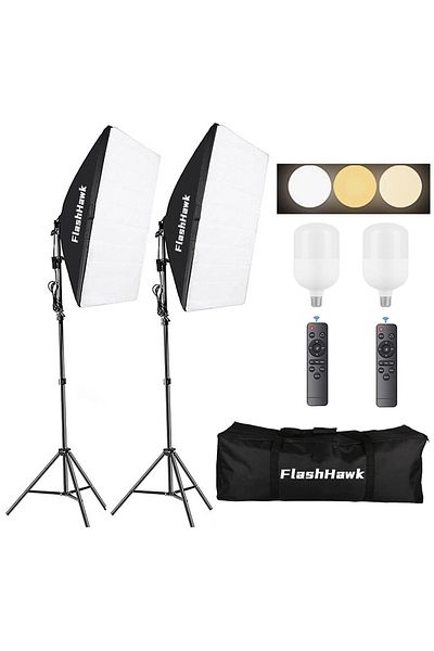 FlashHawk Photography Lighting Kit, 2 Pcs 200w 3 Colors Bulbs Soft Boxes With Remote Controls