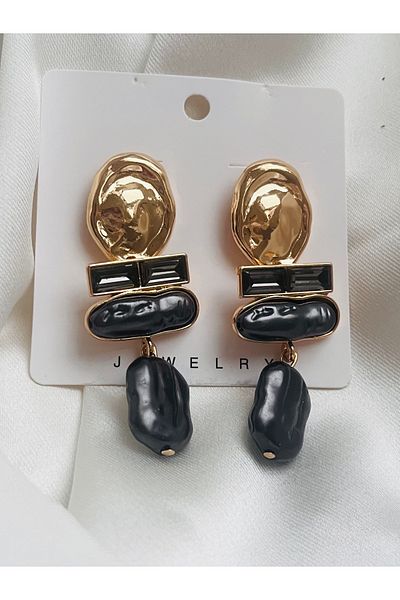 COCOSH TAKI Dark Gray Stone Pearl Color Gold Detailed Evening Dress Modern Design Earrings
