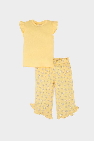 DeFacto Baby Girl 2 Pcs Set Short Sleeve T-Shirt Floral Crinkle Viscose Pants E7798A525Sm