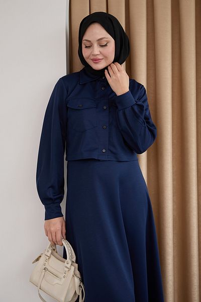 InStyle Buttoned Bolero Skirt Navy Blue Suit