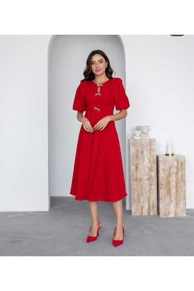 MODA DURAĞI Bisiklet Yaka Fiyonk Aksesuar Detaylı Balon Kol Elbise