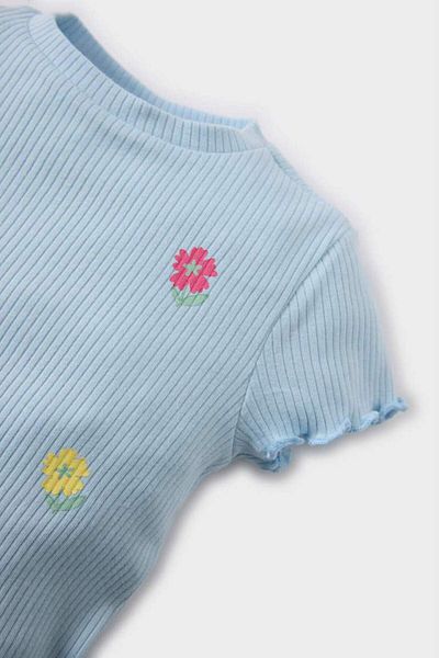 DeFacto Tricou cu mânecă scurtă pentru fetiță, sezon nou, cu decolteu, cu flori, cu mânecă scurtă