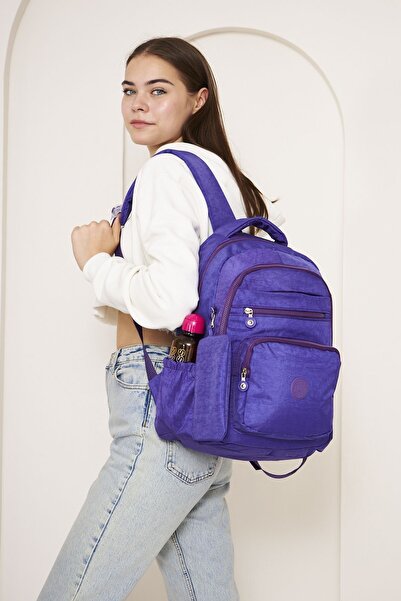 SHAKA حقيبة ظهر مدرسية من القماش المجعد المقاوم للماء Shk130 باللون الأرجواني...