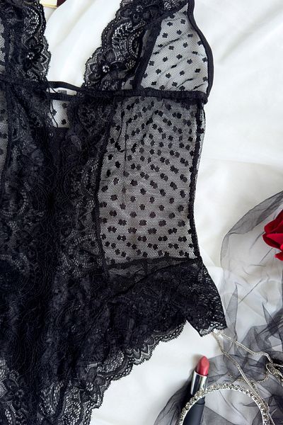 G&H UNDERWEAR Μαύρο κορμάκι με σχέδιο με δαντέλα